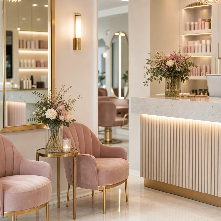 Recepção elegante de salão em tons blush e champagne