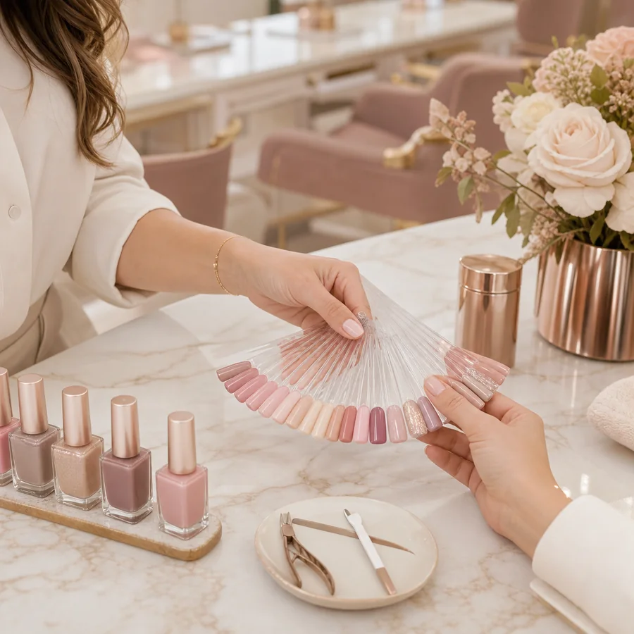 Cliente escolhendo paleta de cores para unhas