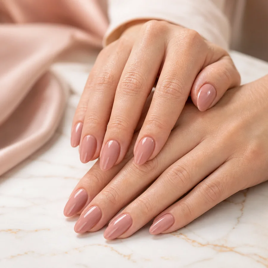 Manicure delicada com acabamento claro