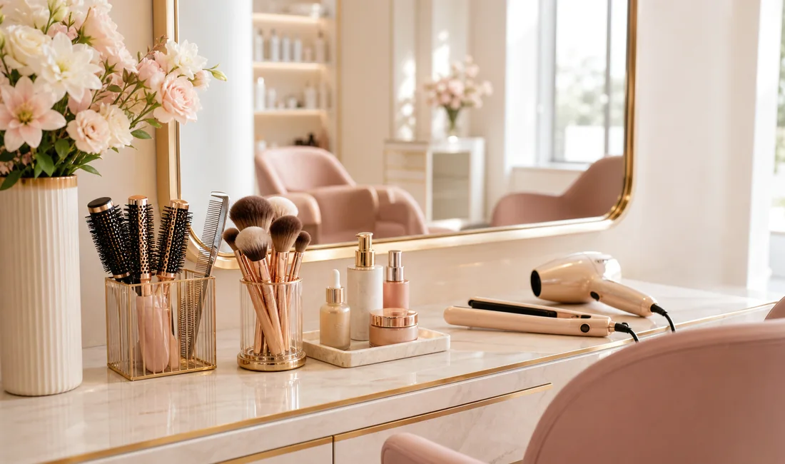 Bancada de beleza elegante com pincéis e ferramentas profissionais